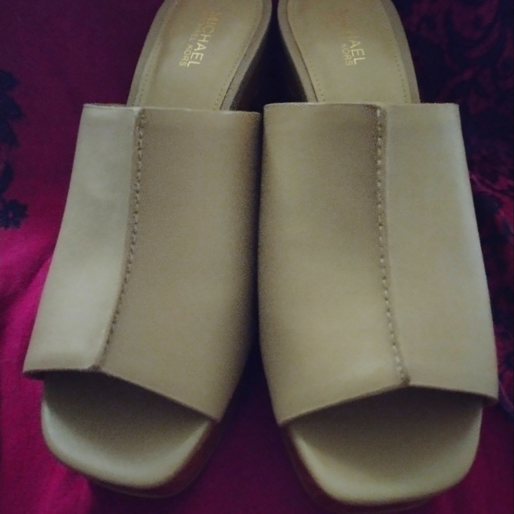 Michael Kors Aldrich wood and leather upper platform mules
